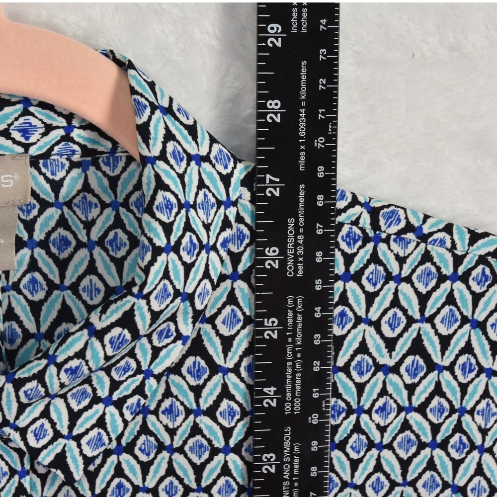 Chico's Button Up Top Women 12 Chicos 2 Blue Black Geometric Pattern 3/4 Sleeve - Picture 5 of 6